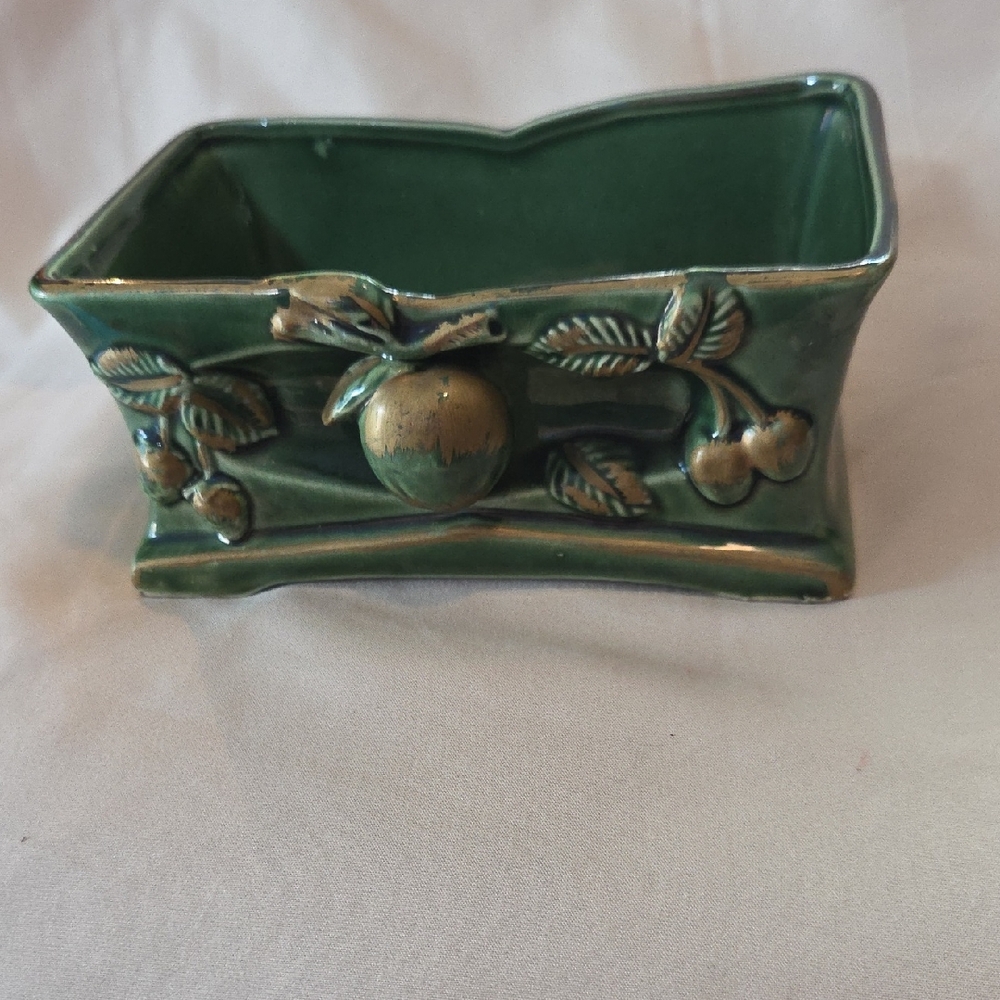 Green Ceramic Planter with Fruit Design. Vintage